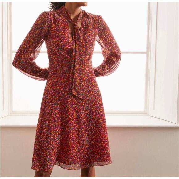 Boden Imogen Floral Tie Neck Long Sleeve Peasant Dress Red Size 4R - Picture 1 of 10